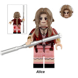 Aerith Gainsborough custom LEGO-compatible video game minifigure wearing her classic Final Fantasy VII red jacket outfit with staff.