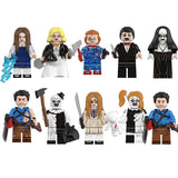 10-Piece Horror Movie Series 4 custom brick minifigures set featuring Art the Clown, Chucky, M3GAN, and Ash Williams.