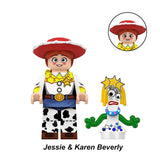 Jessie cowgirl custom Toy Story 5 inspired brick minifigure paired with a mini Knify companion figure.