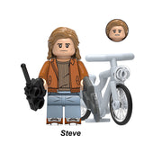 Steve Harrington custom building toy, Lego-compatible minifigure with grey bike and spiked bat.