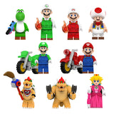 Upgraded 9-piece Super Mario Bros Series 2 custom brick minifigures set featuring Mario, Luigi, Bowser, and motorcycle rides.