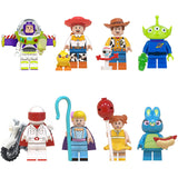 8-Piece Toy Story Buzz Lightyear custom brick minifigures set featuring Buzz, Woody with Forky, Jessie with Ducky, and new characters.
