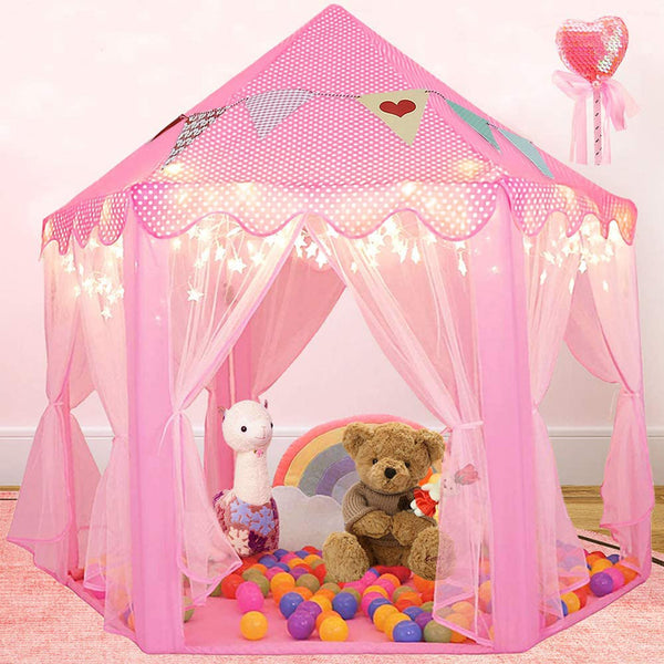 Portable Folding Princess Castle Pink Castle Pop-Up Kids' Play Tent w/ Star Lights